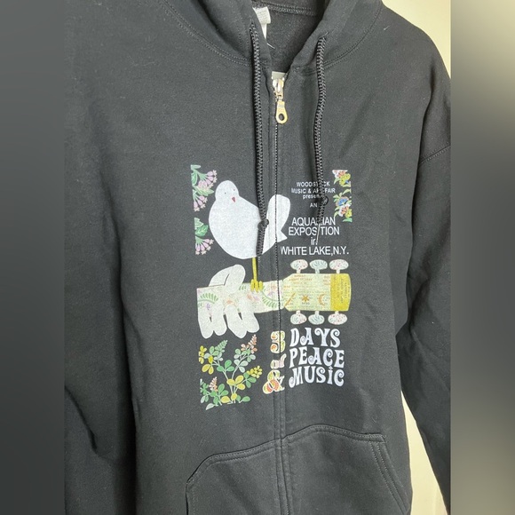 NWOT Woodstock music festival black Gildan Zip up hoodie pockets large - Picture 3 of 7